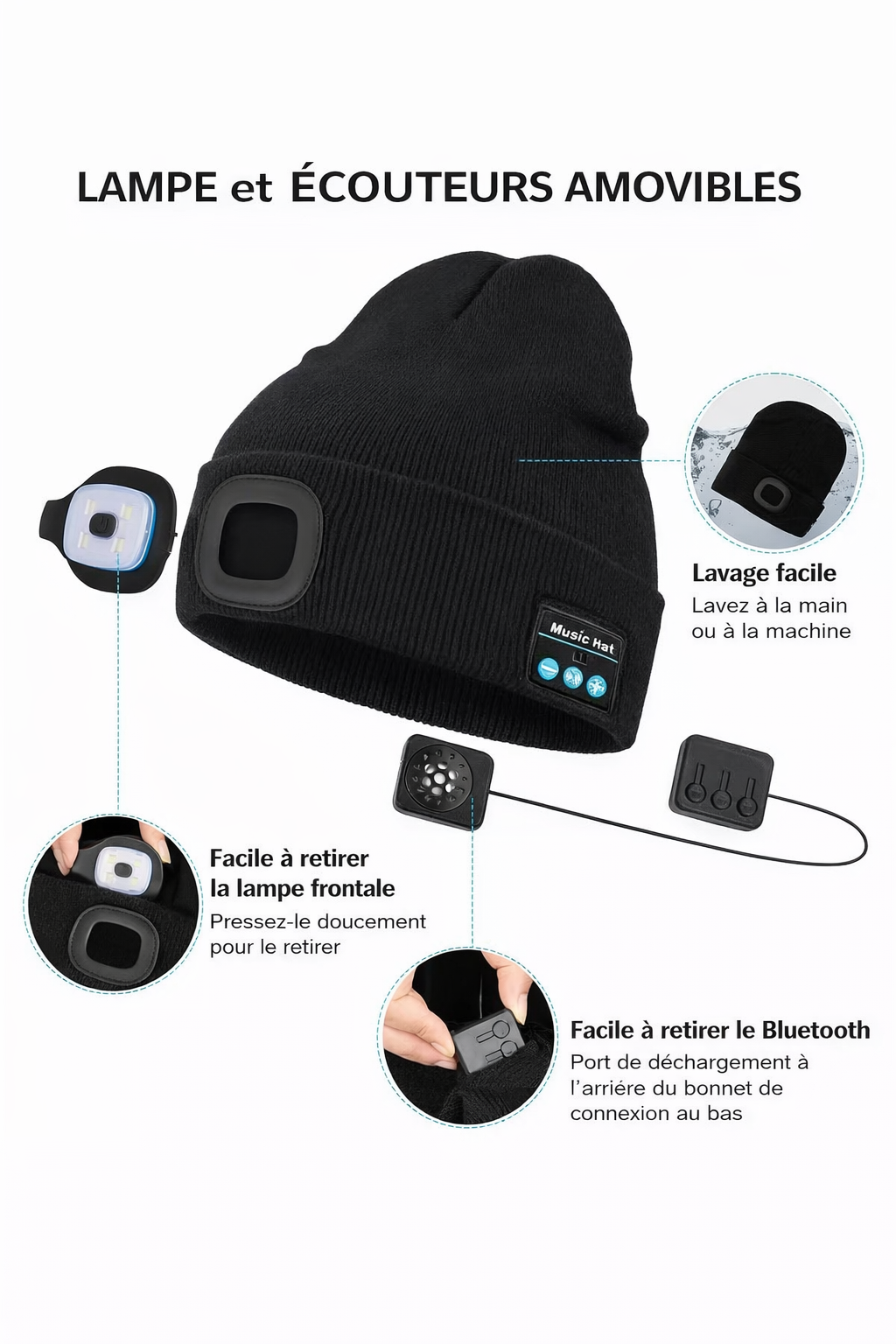 Bonnet Bluetooth LED avec haut-parleurs, micro et lampe frontale rechargeable