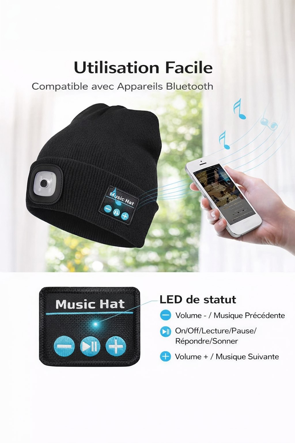 Bonnet Bluetooth LED avec haut-parleurs, micro et lampe frontale rechargeable