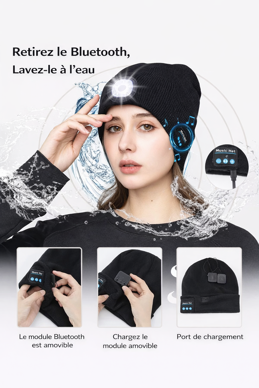 Bonnet Bluetooth LED avec haut-parleurs, micro et lampe frontale rechargeable