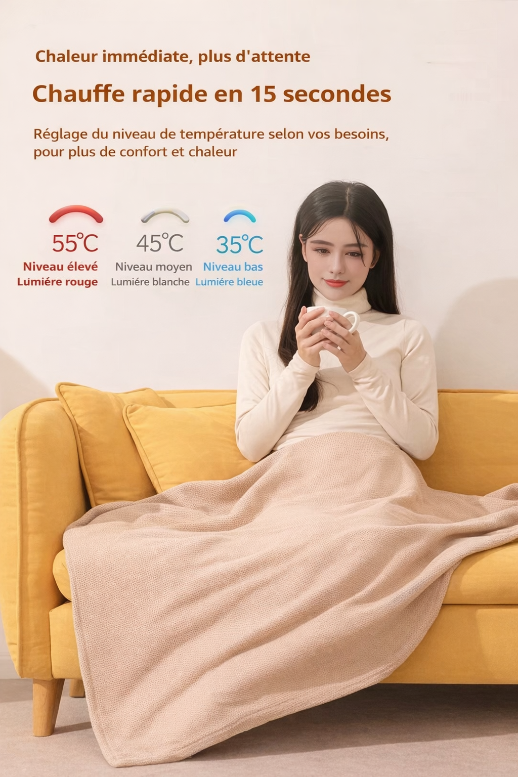 Couverture chauffante USB portable, 3 niveaux de chaleur, lavable, réglable