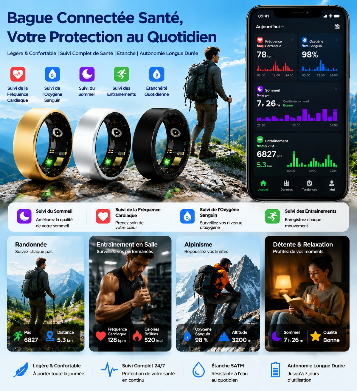 Bague connectée intelligente multisport avec suivi du sommeil et de l’activité