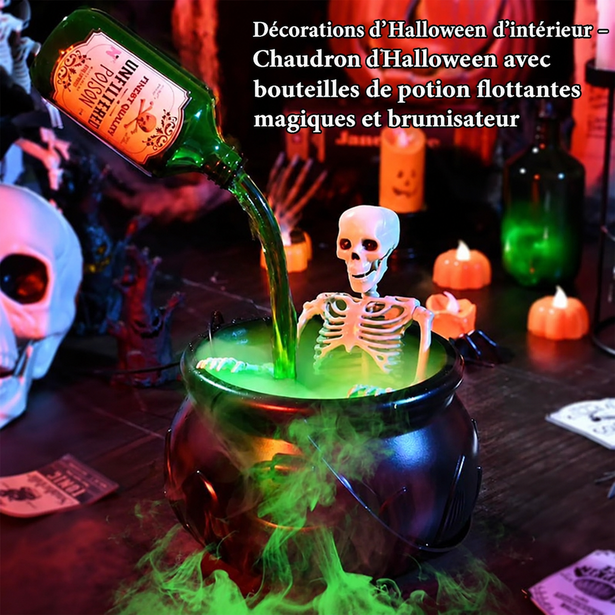 Chaudron Halloween LED avec Effet Brume â Avec ou Sans Squelette