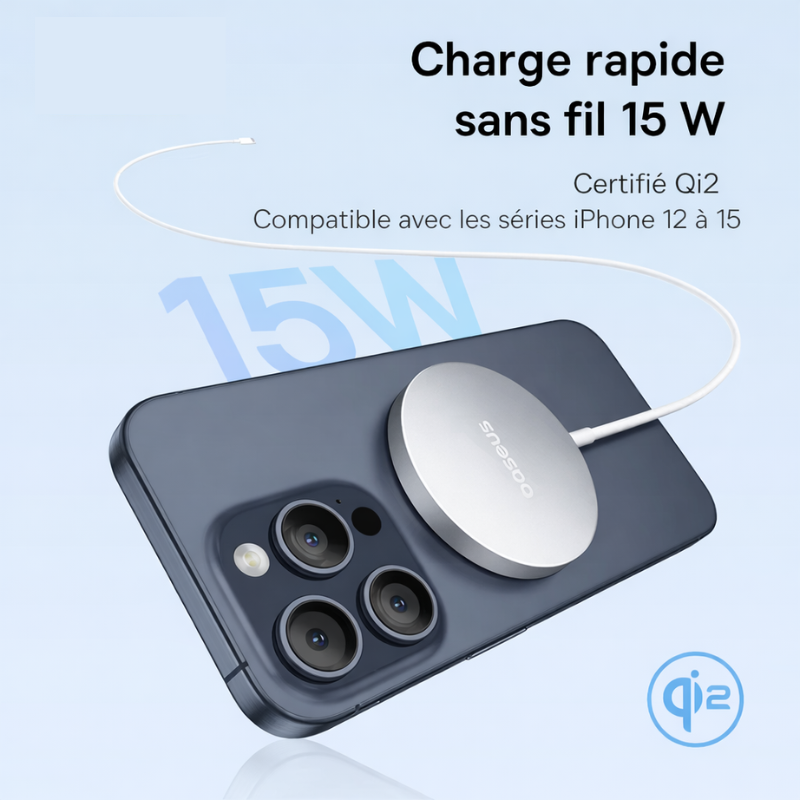 Baseus Qi2 15W – Chargeur sans fil magnétique Ultra rapide pour iPhone