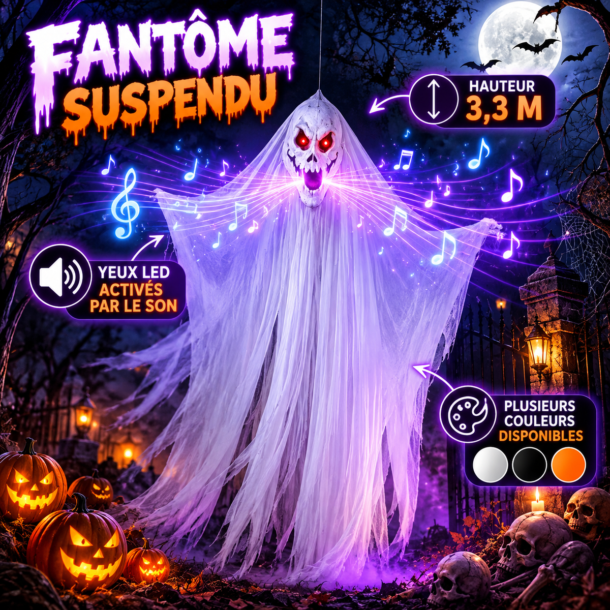 Fantôme Suspendu Halloween 3,3 m – Yeux LED Activés par le Son