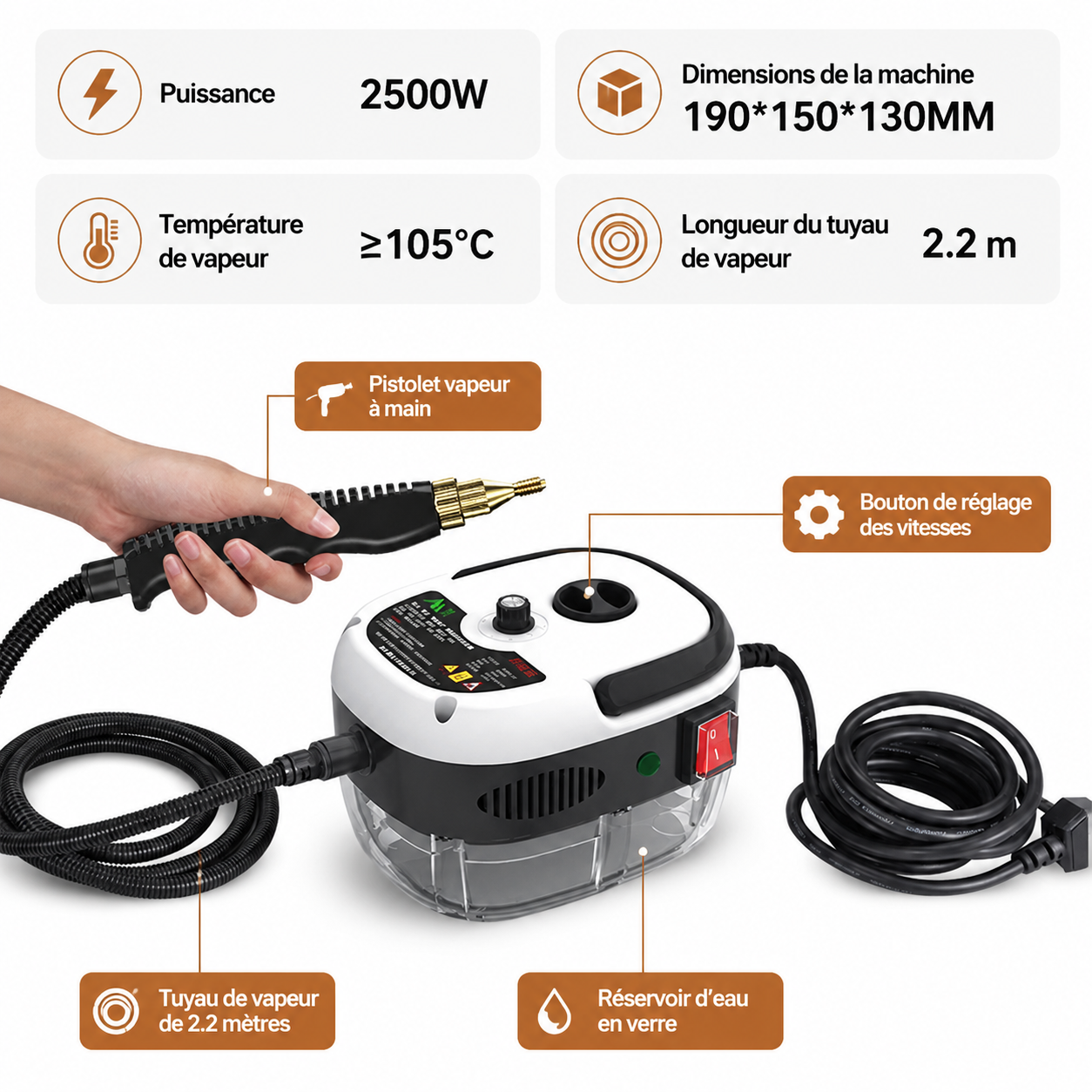 Nettoyeur vapeur portable haute température avec embouts multifonctions