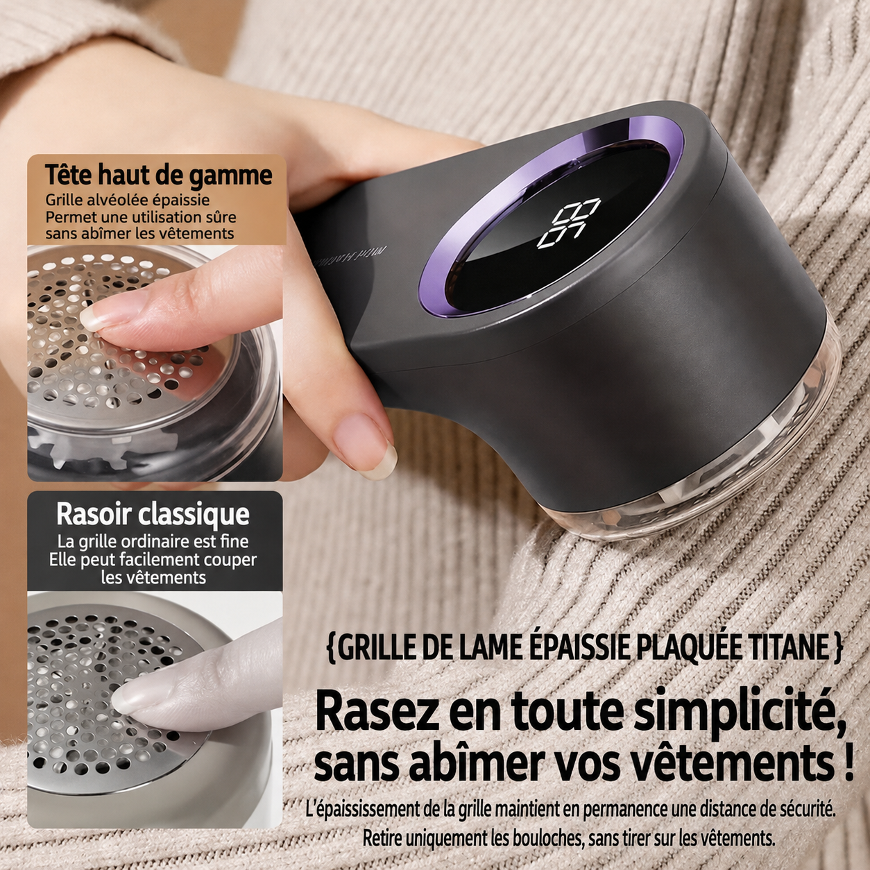 Rasoir anti-bouloches rechargeable avec écran LED pour vêtements, plaids et tissus