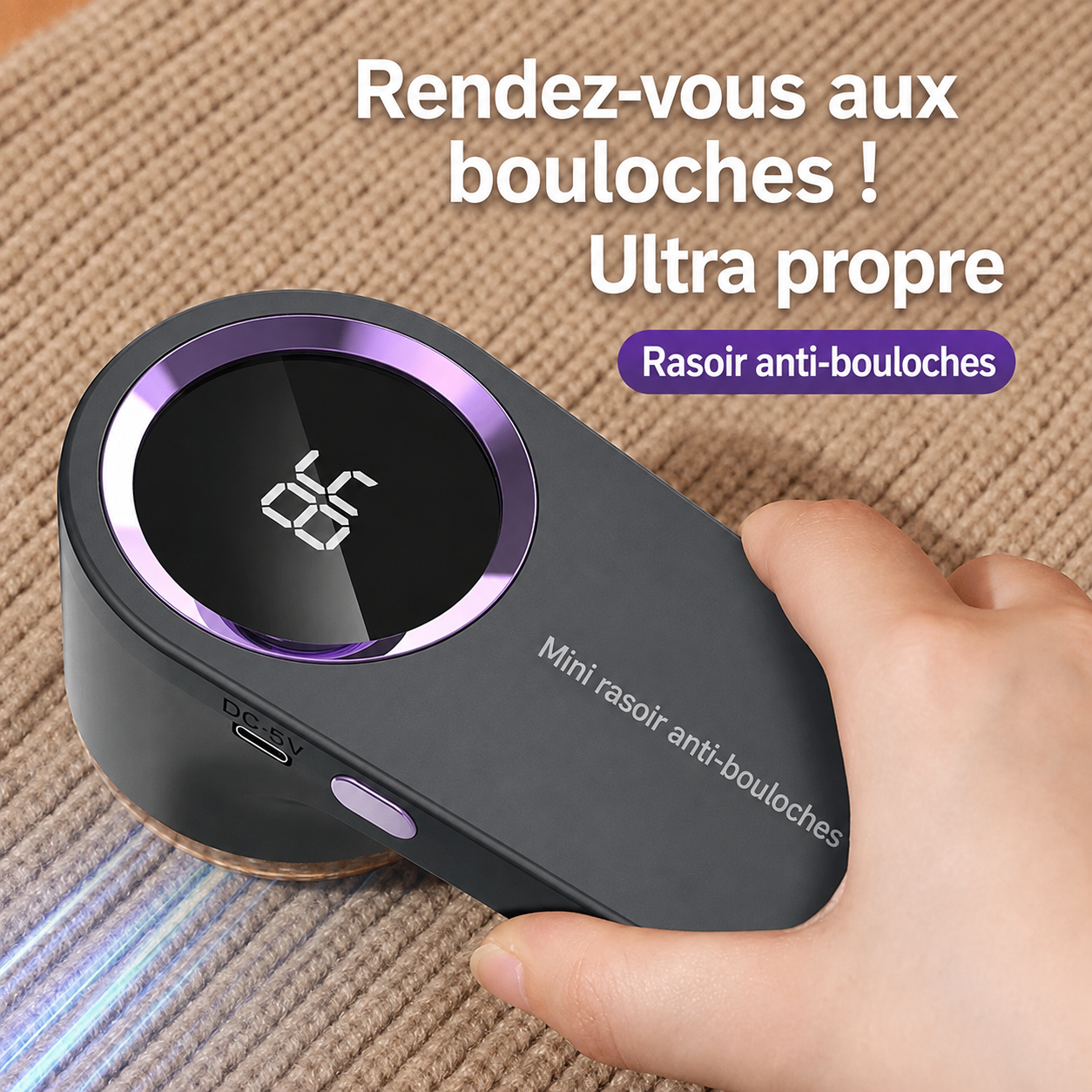 Rasoir anti-bouloches rechargeable avec écran LED pour vêtements, plaids et tissus