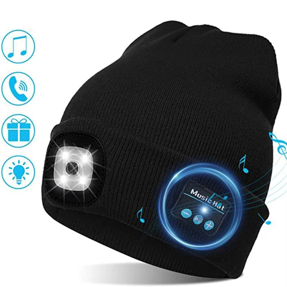 Bonnet Bluetooth LED avec haut-parleurs, micro et lampe frontale rechargeable