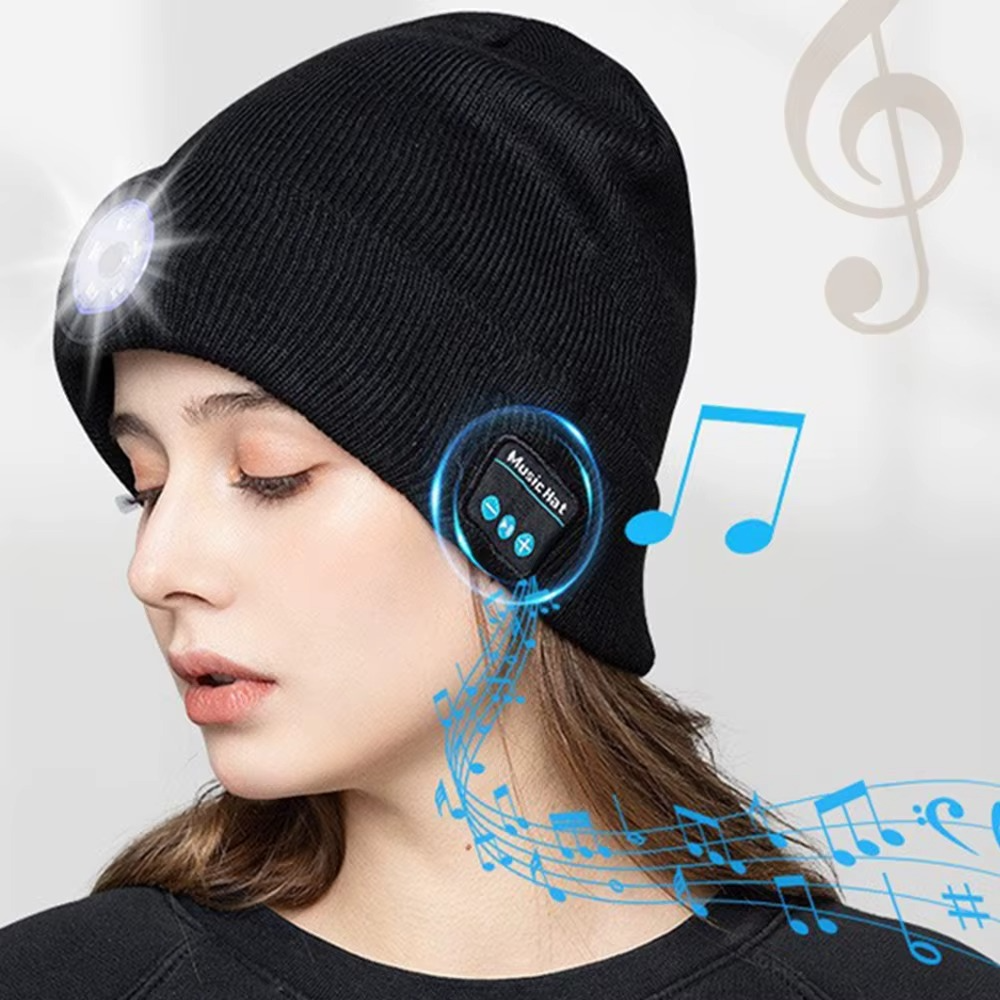 Bonnet Bluetooth LED avec haut-parleurs, micro et lampe frontale rechargeable