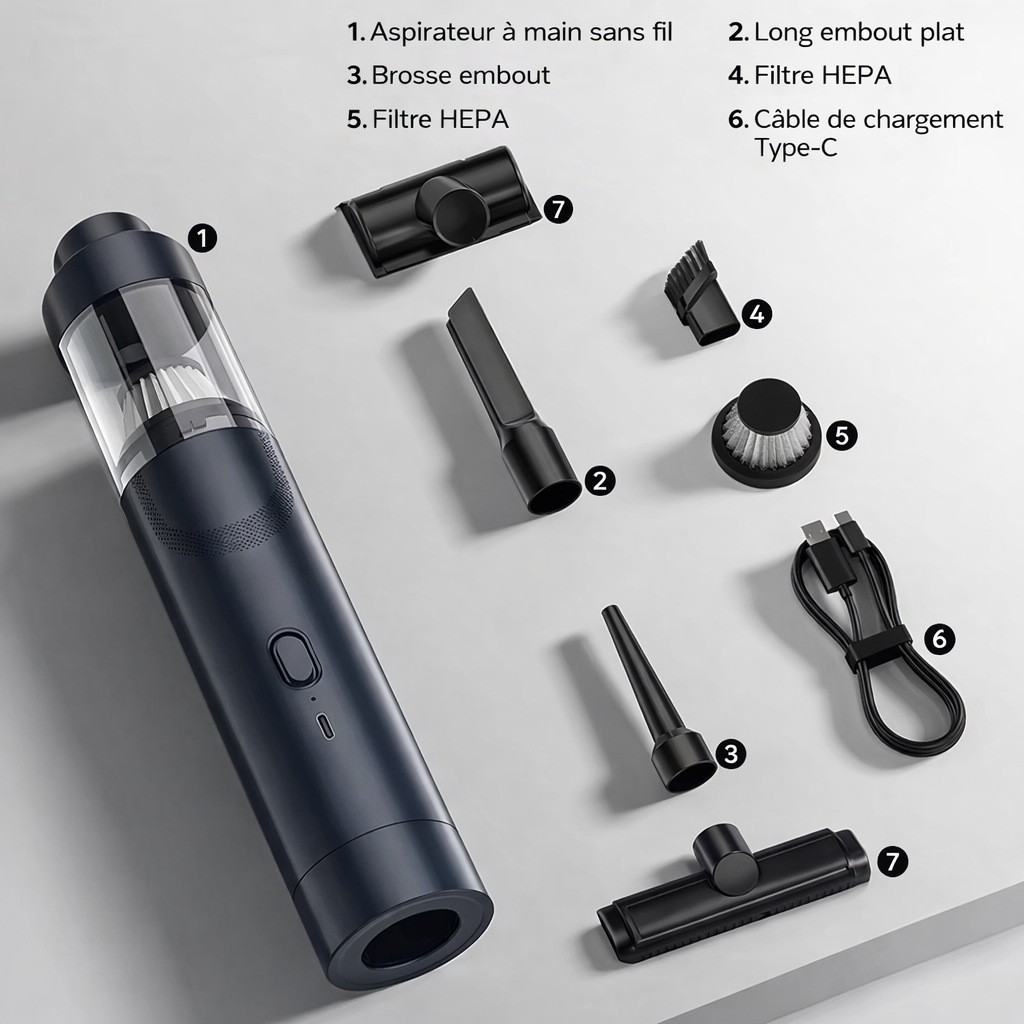 Mini Aspirateur souffleur portable sans fil – Voiture & Maison, Rechargeable USB-C