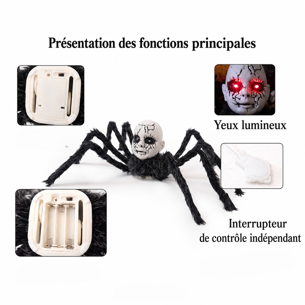 Araignée Animée Halloween 60 cm – Yeux LED & Effets Sonores