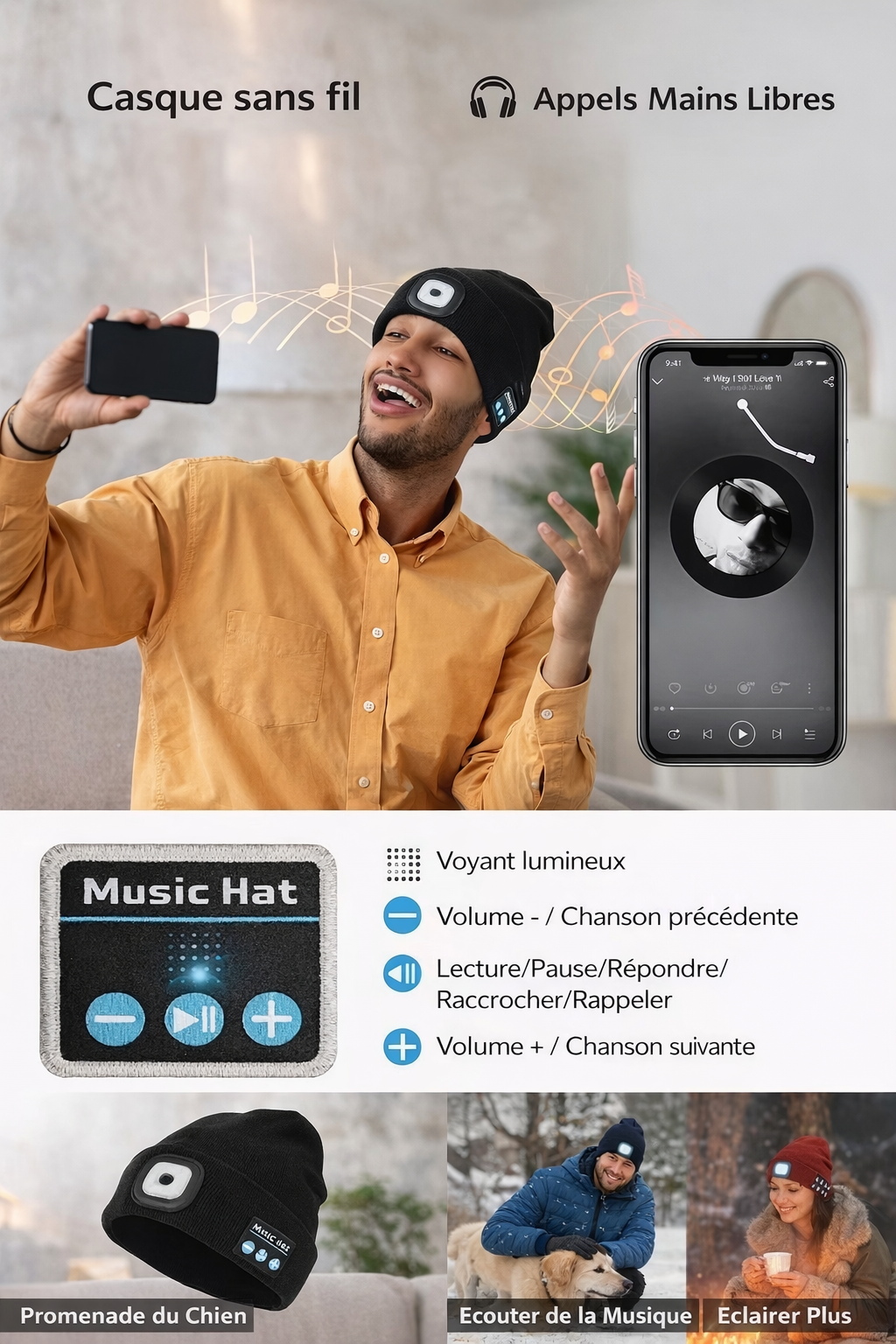 Bonnet Bluetooth LED avec haut-parleurs, micro et lampe frontale rechargeable