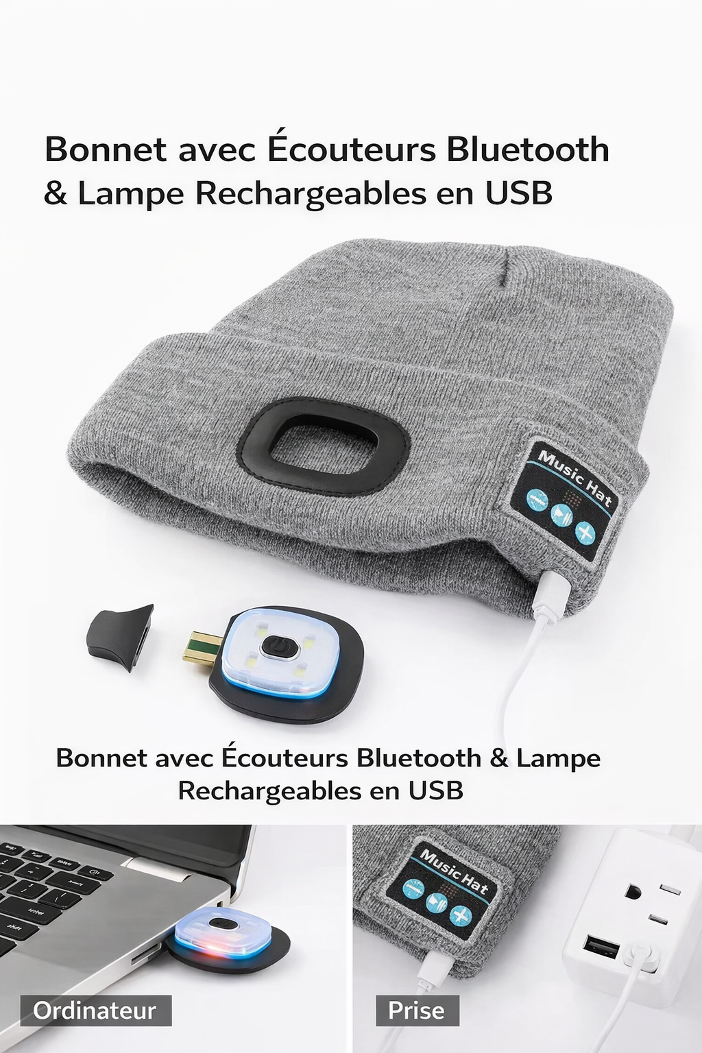 Bonnet Bluetooth LED avec haut-parleurs, micro et lampe frontale rechargeable