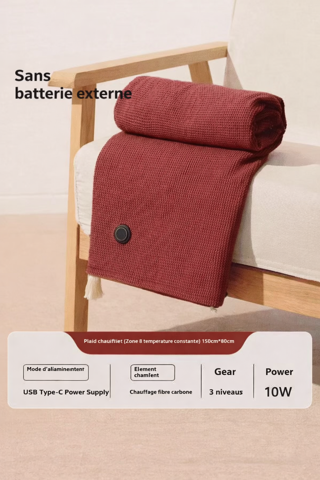 Couverture chauffante USB portable, 3 niveaux de chaleur, lavable, réglable