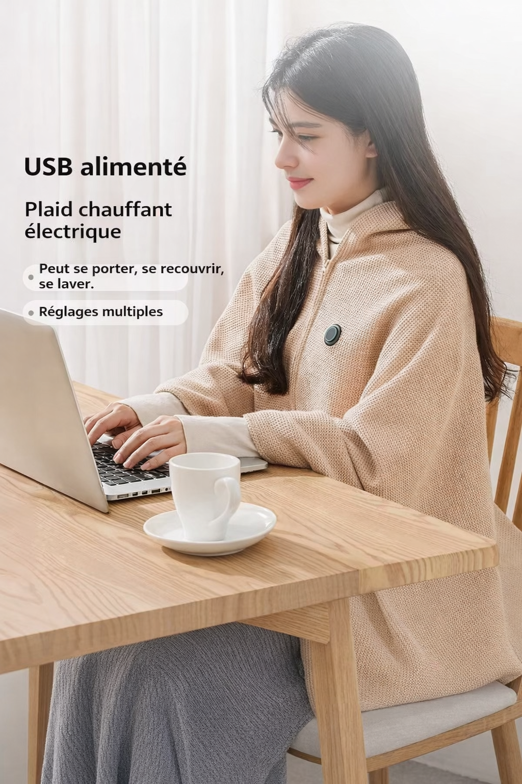 Couverture chauffante USB portable, 3 niveaux de chaleur, lavable, réglable