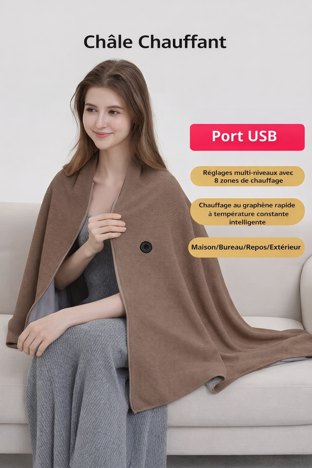 Couverture chauffante USB portable, 3 niveaux de chaleur, lavable, réglable