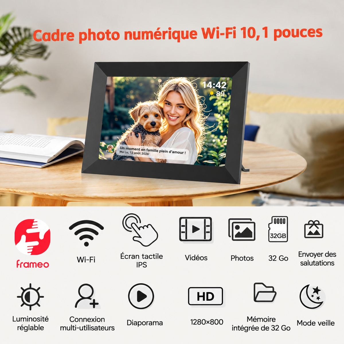 Cadre Photo Numérique Wi-Fi 10,1" Écran Tactile HD IPS – Partagez Vos Souvenirs en Direct
