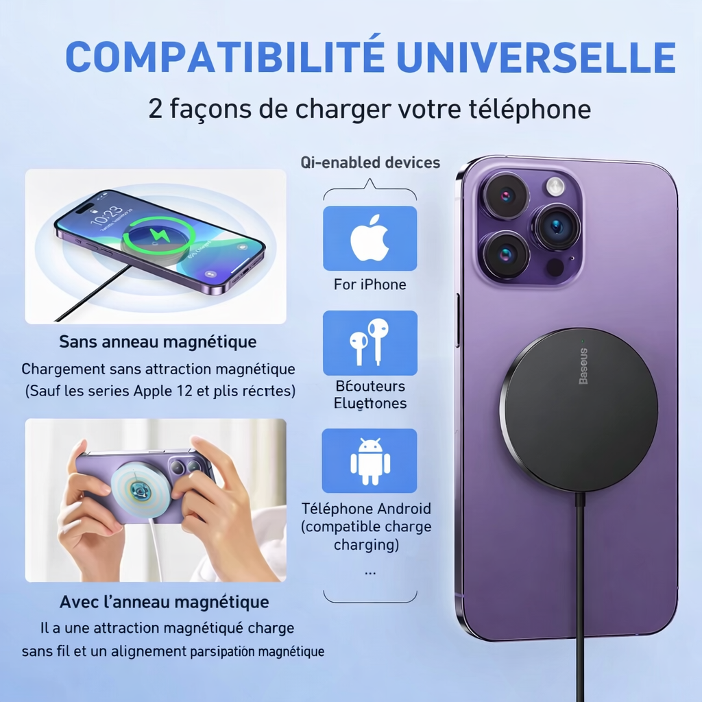 Baseus Qi2 15W – Chargeur sans fil magnétique Ultra rapide pour iPhone