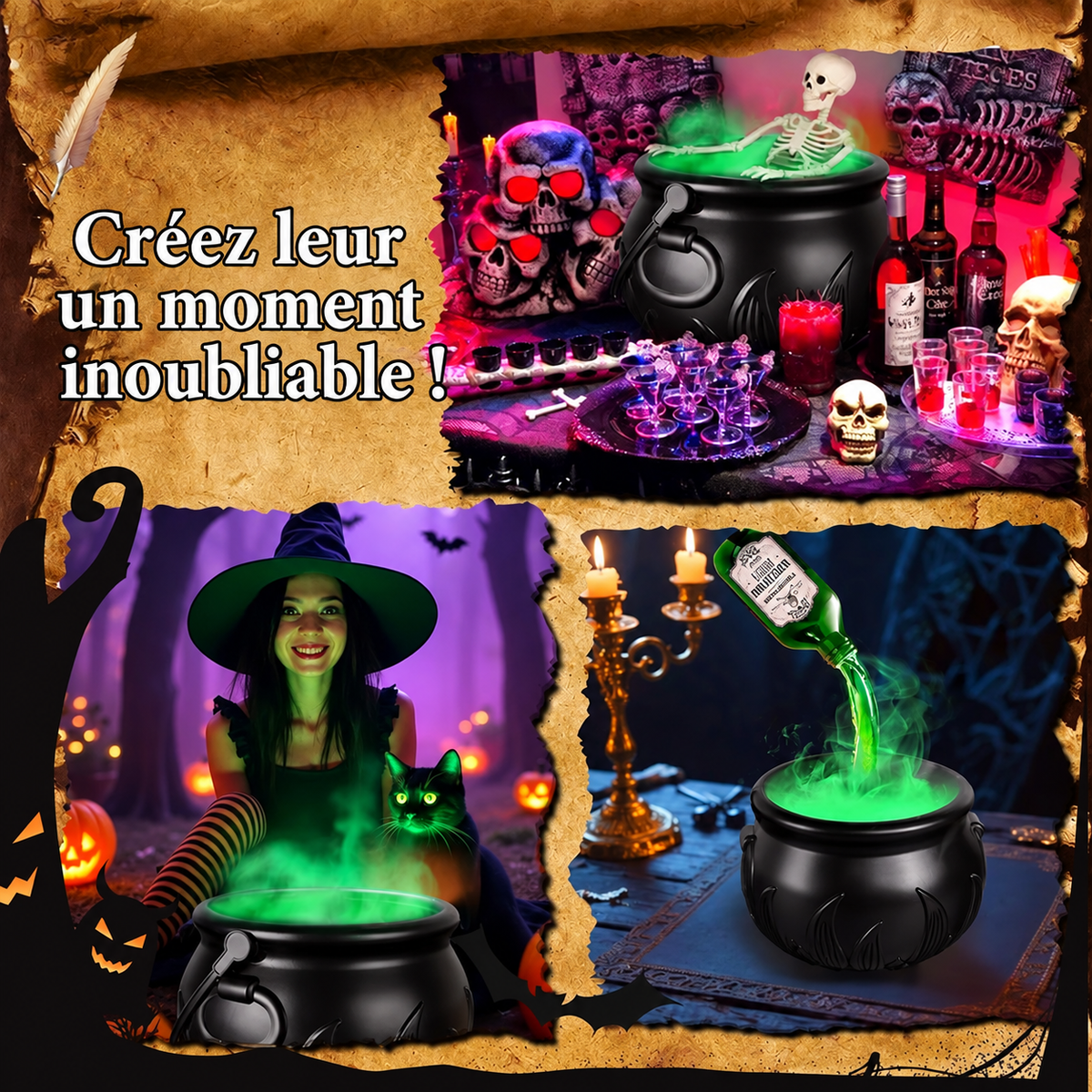 Chaudron Halloween LED avec Effet Brume – Avec ou Sans Squelette