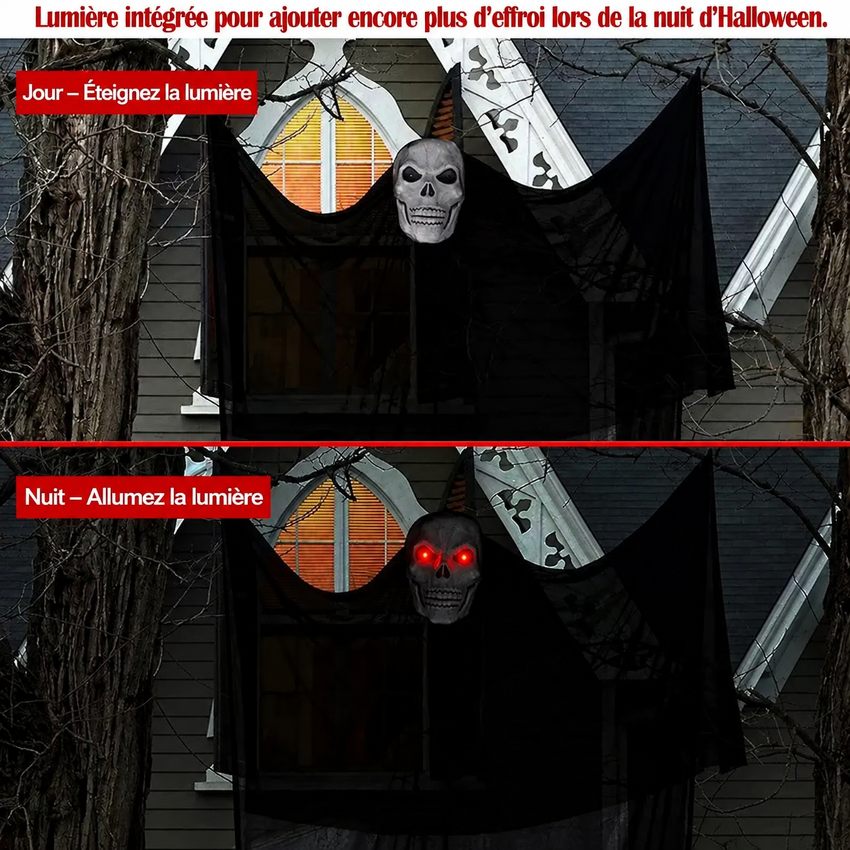 Fantôme Suspendu Halloween 3,3 m – Yeux LED Activés par le Son