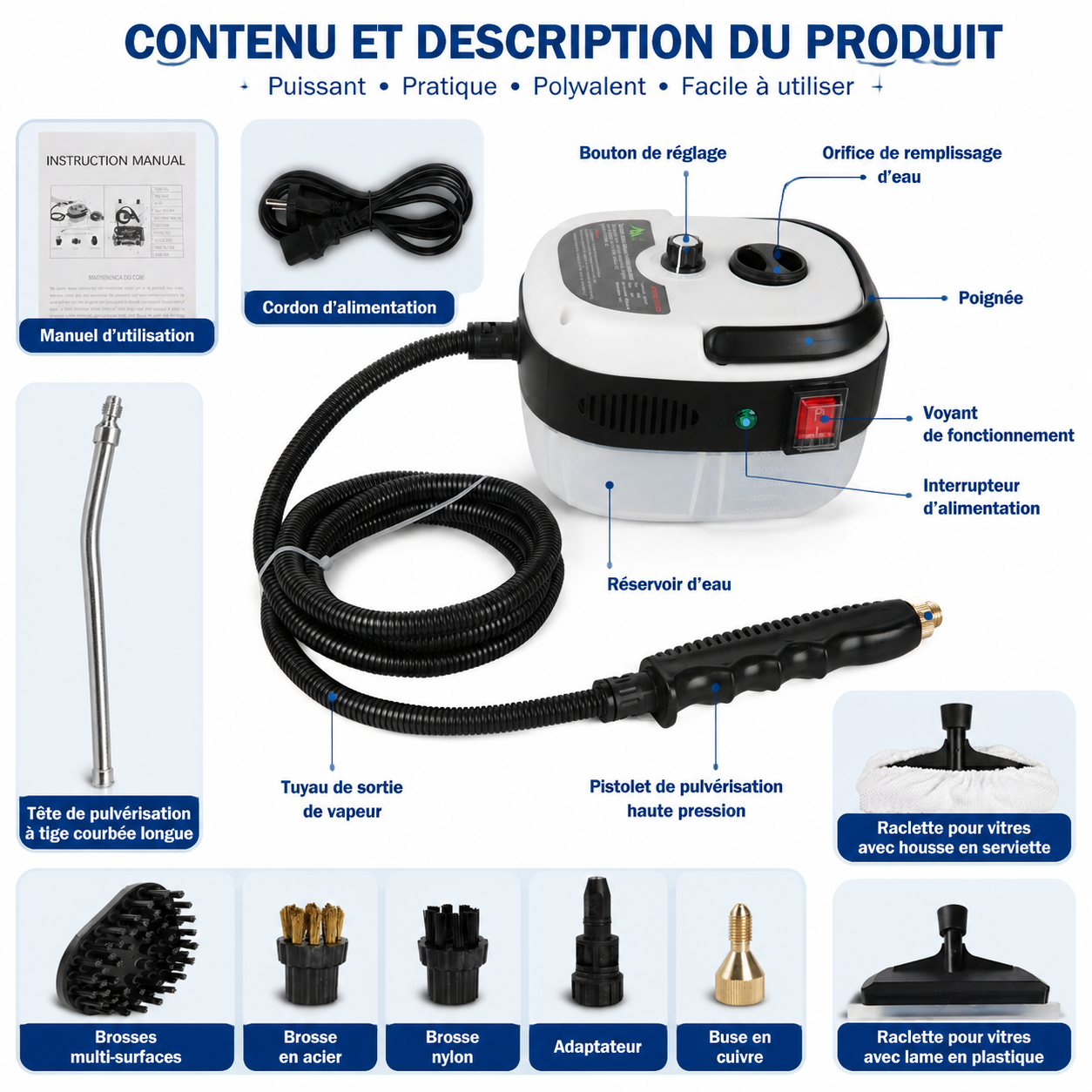Nettoyeur vapeur portable haute température avec embouts multifonctions