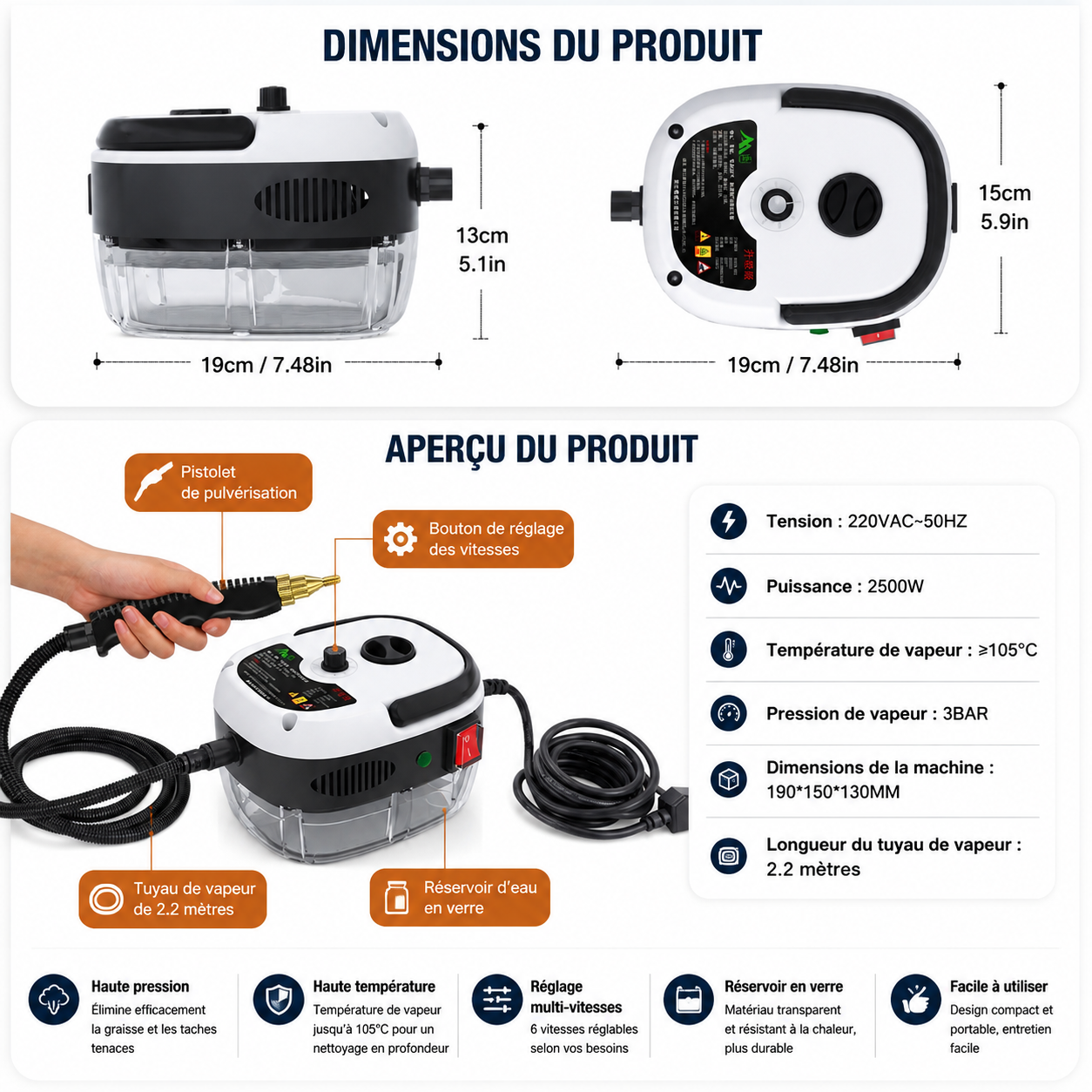 Nettoyeur vapeur portable haute température avec embouts multifonctions
