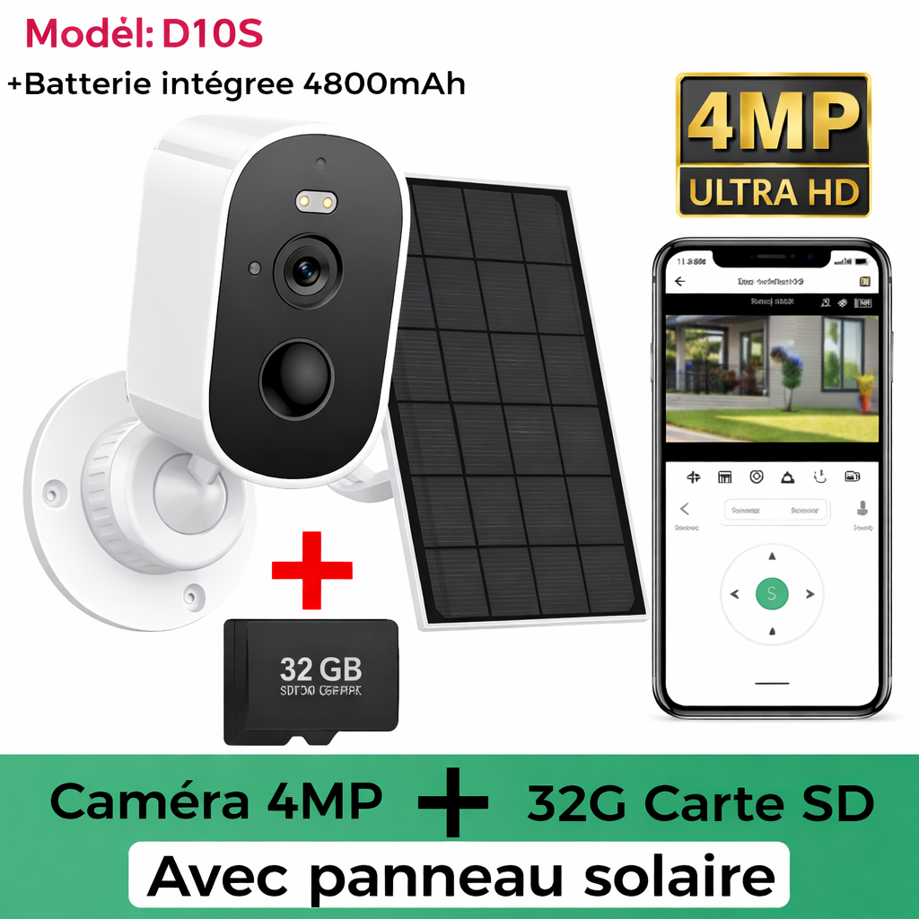Caméra intelligente solaire connecté Wi-Fi 4MP 2K – Sécurité extérieure sans fil