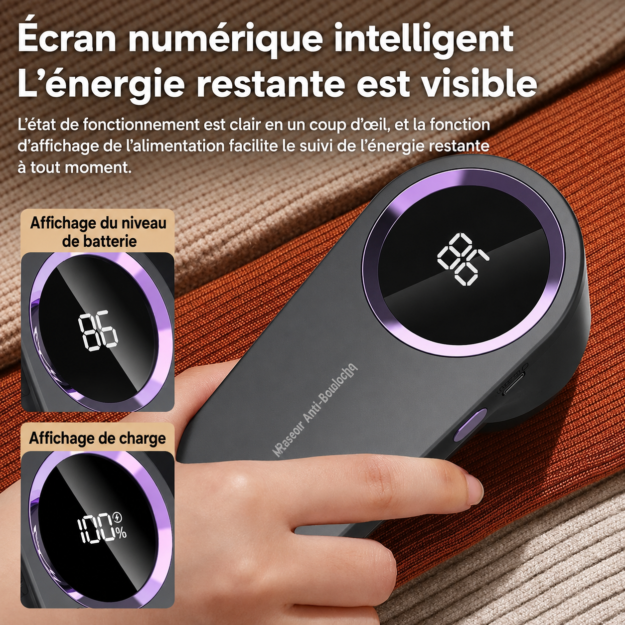 Rasoir anti-bouloches rechargeable avec écran LED pour vêtements, plaids et tissus