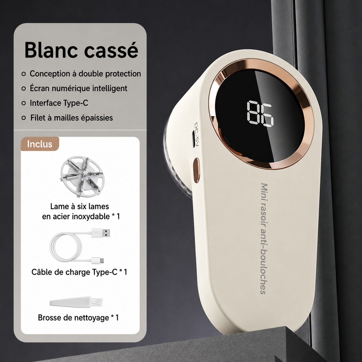 Rasoir anti-bouloches rechargeable avec écran LED pour vêtements, plaids et tissus