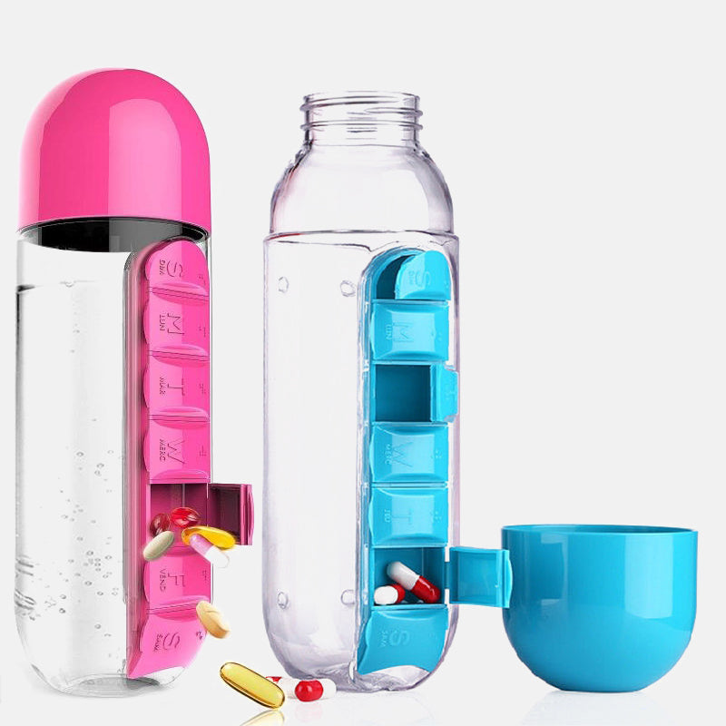 Bouteille d'eau 2-en-1 avec pilulier de Médicaments (7 jours) – 600 ml