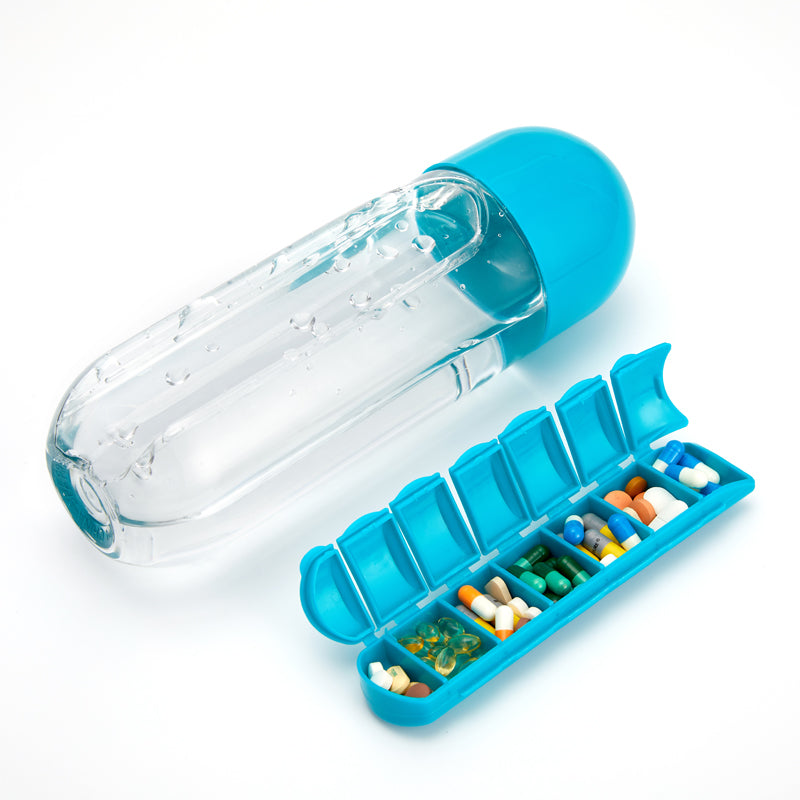 Bouteille d'eau 2-en-1 avec pilulier de Médicaments (7 jours) – 600 ml