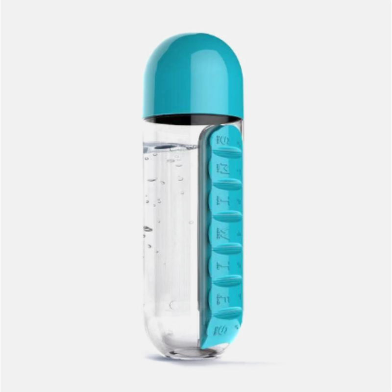 Bouteille d'eau 2-en-1 avec pilulier de Médicaments (7 jours) – 600 ml