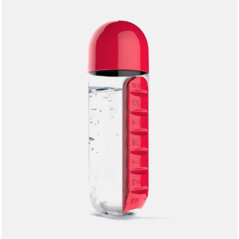 Bouteille d'eau 2-en-1 avec pilulier de Médicaments (7 jours) – 600 ml