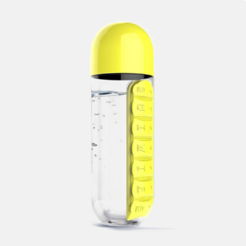 Bouteille d'eau 2-en-1 avec pilulier de Médicaments (7 jours) – 600 ml
