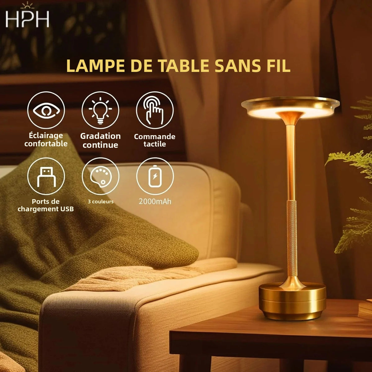 Lampe de Table Rechargeable Sans Fil – LED Tactile & Intensité Réglable