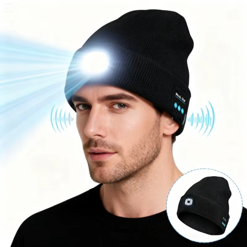 Bonnet Bluetooth LED avec haut-parleurs, micro et lampe frontale rechargeable