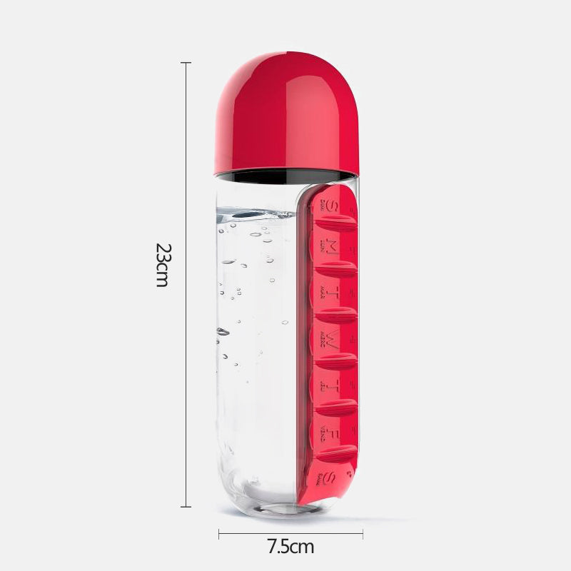 Bouteille d'eau 2-en-1 avec pilulier de Médicaments (7 jours) – 600 ml