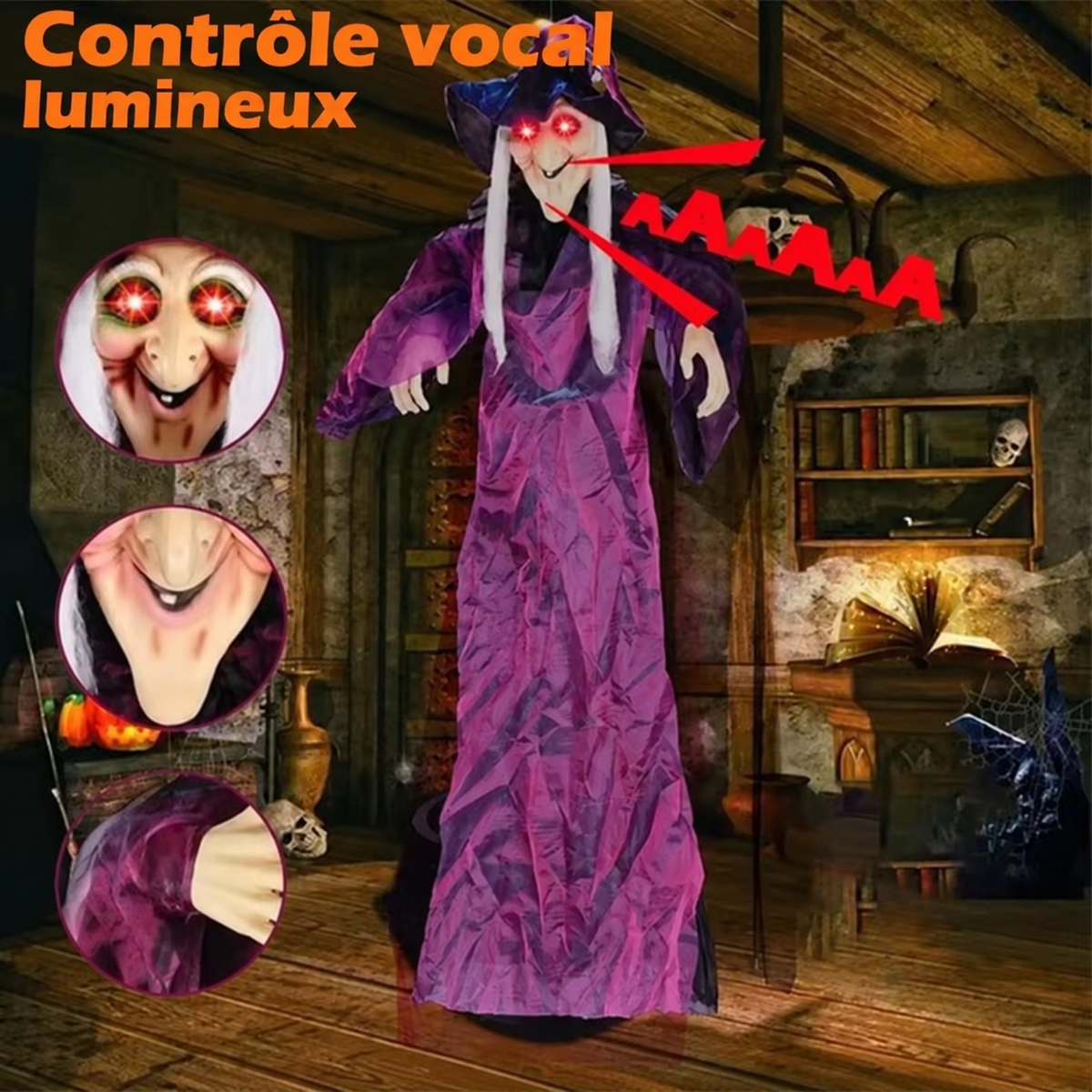 Sorcière Suspendue Animée Halloween – LED, Son & Capteur