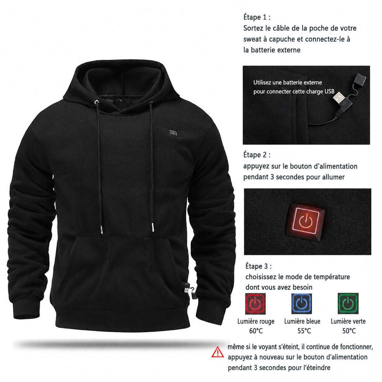 Sweat à capuche chauffant USB pour l'hiver et rester au chaud en plein air