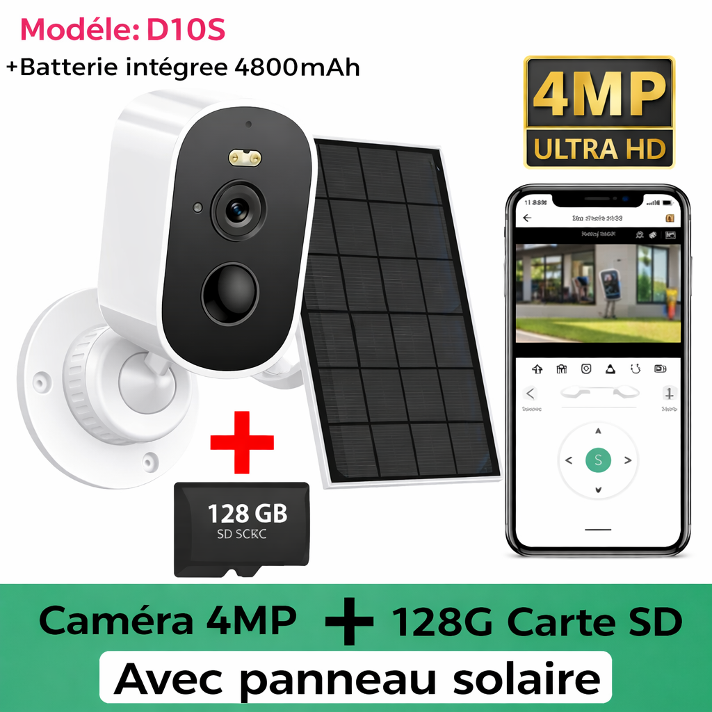 Caméra intelligente solaire connecté Wi-Fi 4MP 2K – Sécurité extérieure sans fil