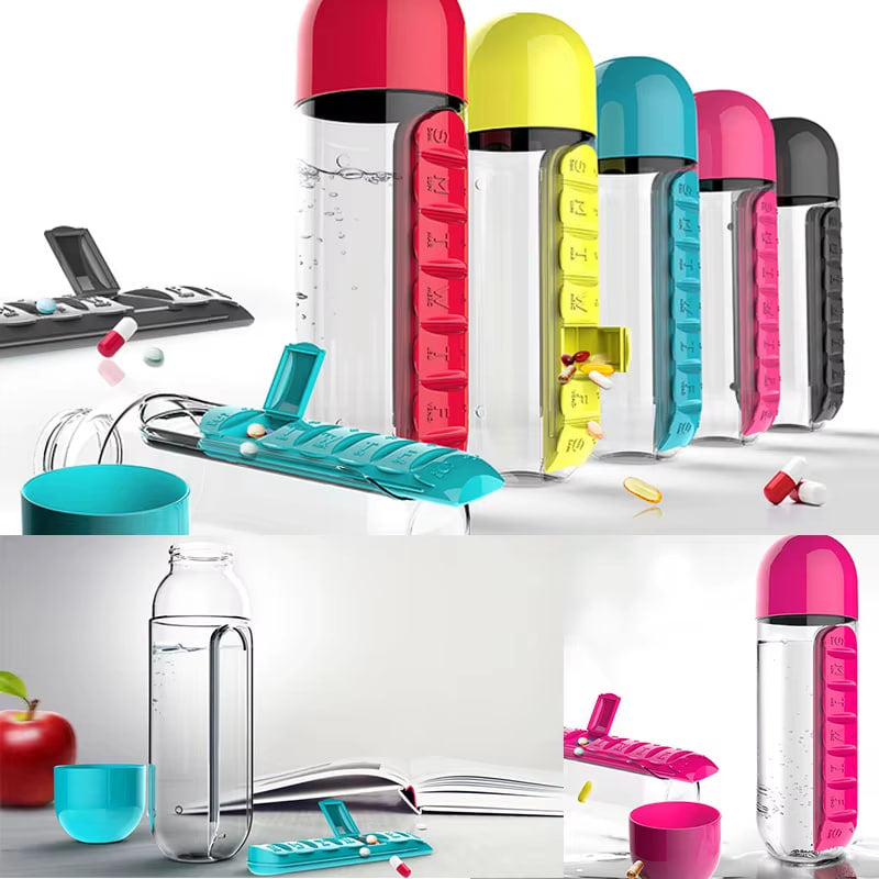 Bouteille d'eau 2-en-1 avec pilulier de Médicaments (7 jours) – 600 ml